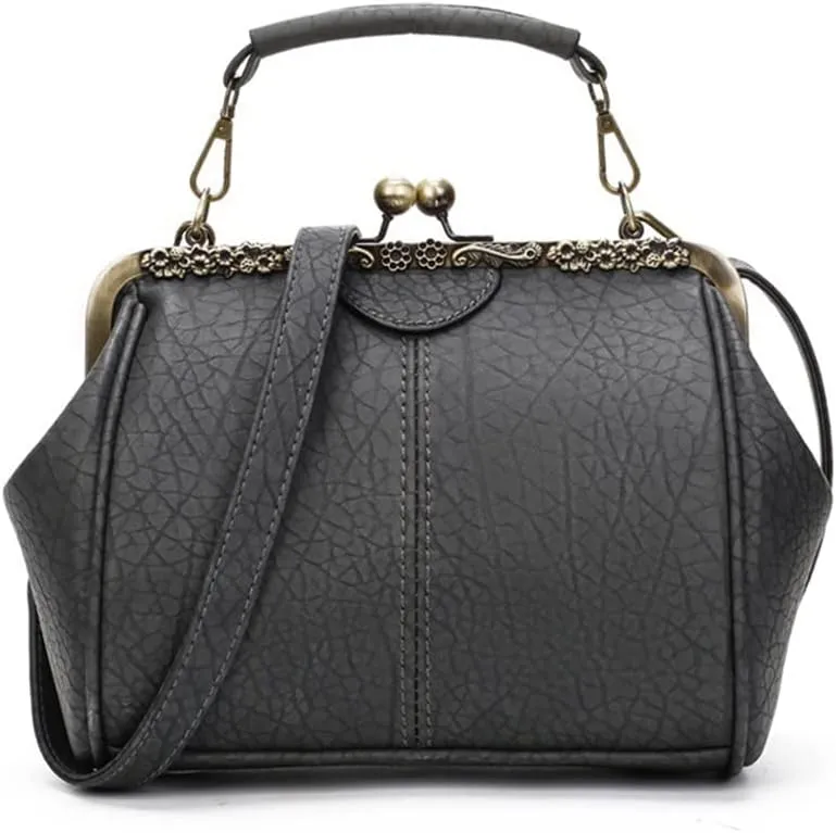 Women's Retro Handbag Kiss Lock Shoulder Purse PU Leather Tote Satchel with Lace