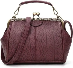 Women's Retro Handbag Kiss Lock Shoulder Purse PU Leather Tote Satchel with Lace