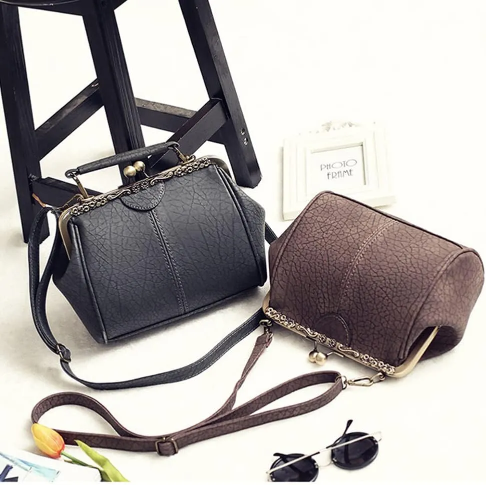 Women's Retro Handbag Kiss Lock Shoulder Purse PU Leather Tote Satchel with Lace