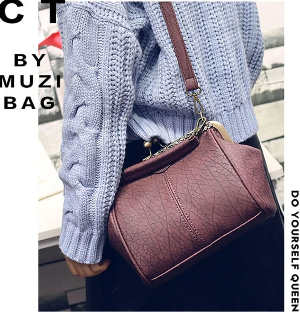 Women's Retro Handbag Kiss Lock Shoulder Purse PU Leather Tote Satchel with Lace