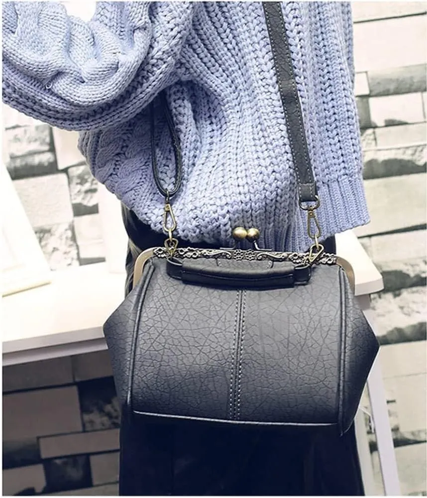 Women's Retro Handbag Shoulder Purse Graceful Tote PU Leather Crossbody Bags Satchel with Kiss Lock