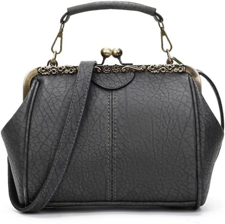 Women's Retro Handbag Shoulder Purse Graceful Tote PU Leather Crossbody Bags Satchel with Kiss Lock