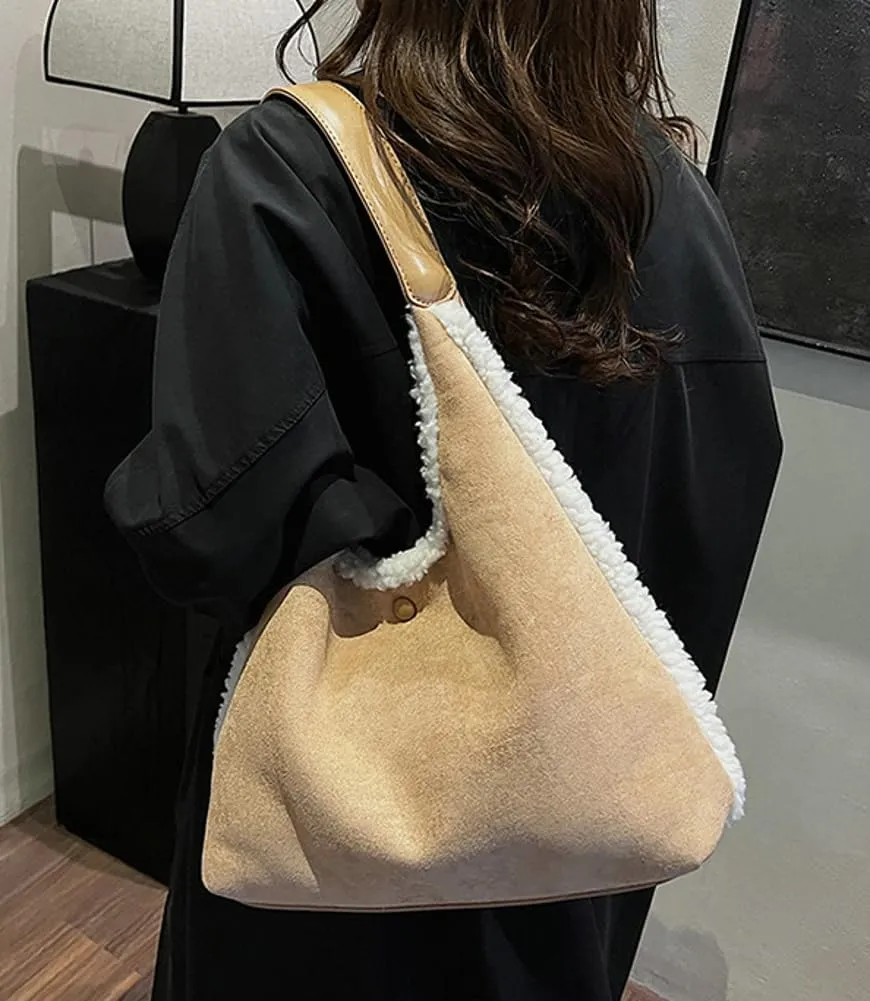Women's Slouchy Suede Bag Tote Bag Trendy Faux Sherpa Lined Shoulder Handbag Top Handle Bag Fashion Winter Purse