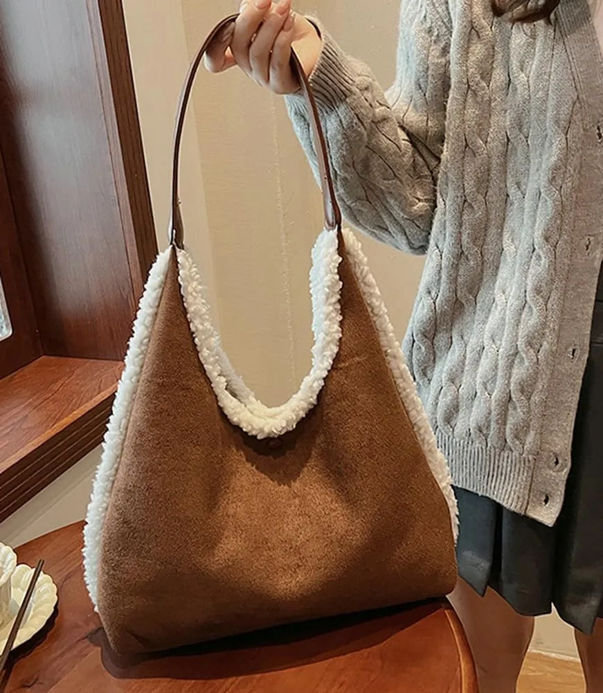 Women's Slouchy Suede Bag Tote Bag Trendy Faux Sherpa Lined Shoulder Handbag Top Handle Bag Fashion Winter Purse