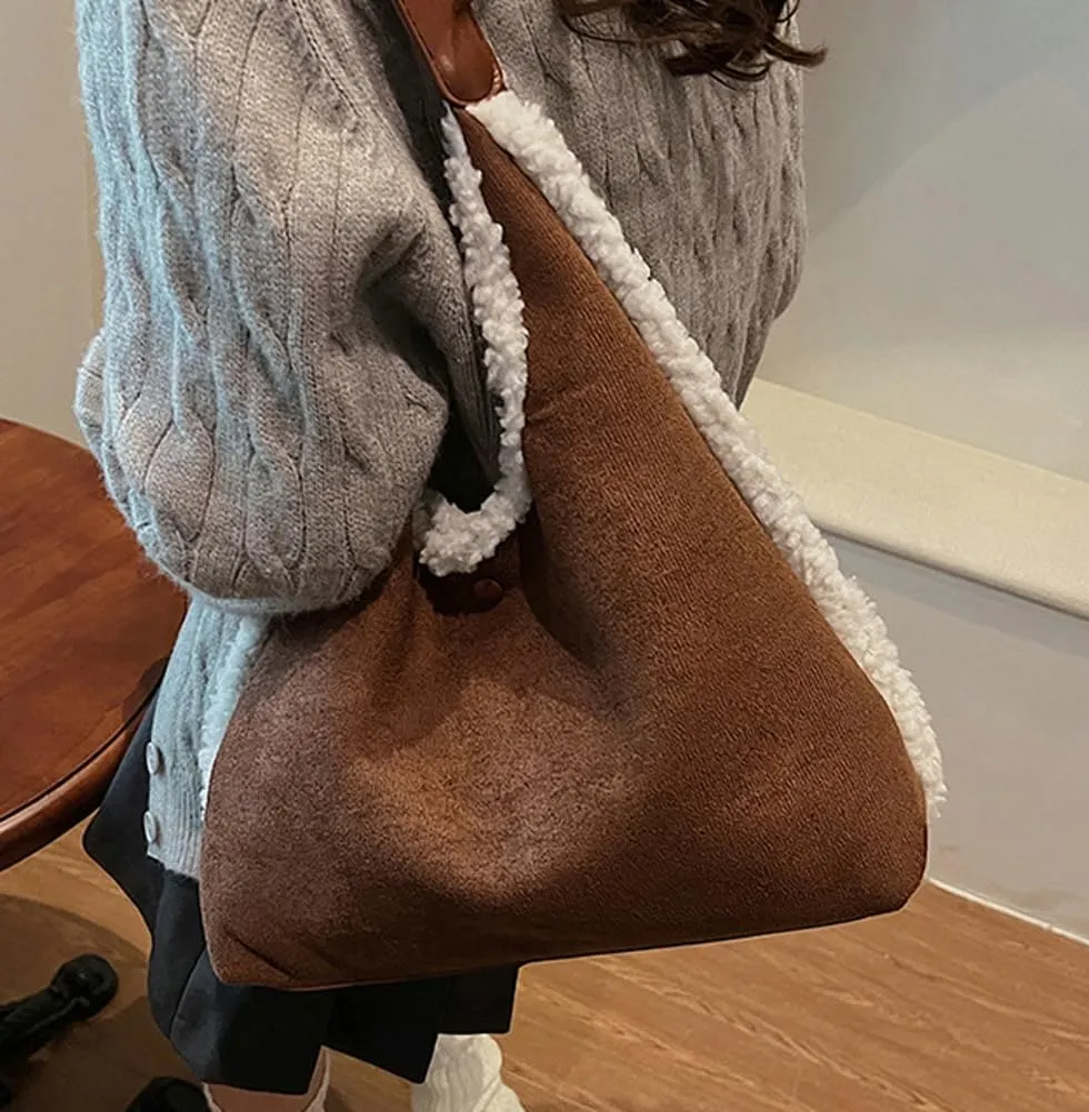 Women's Slouchy Suede Bag Tote Bag Trendy Faux Sherpa Lined Shoulder Handbag Top Handle Bag Fashion Winter Purse