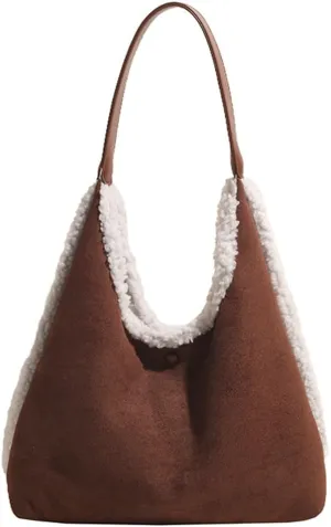 Women's Slouchy Suede Bag Tote Bag Trendy Faux Sherpa Lined Shoulder Handbag Top Handle Bag Fashion Winter Purse