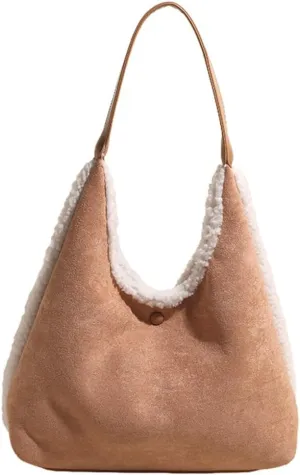 Women's Slouchy Suede Bag Tote Bag Trendy Faux Sherpa Lined Shoulder Handbag Top Handle Bag Fashion Winter Purse