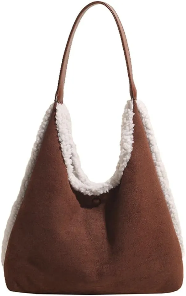 Women's Slouchy Suede Bag Tote Bag Trendy Faux Sherpa Lined Shoulder Handbag Top Handle Bag Fashion Winter Purse