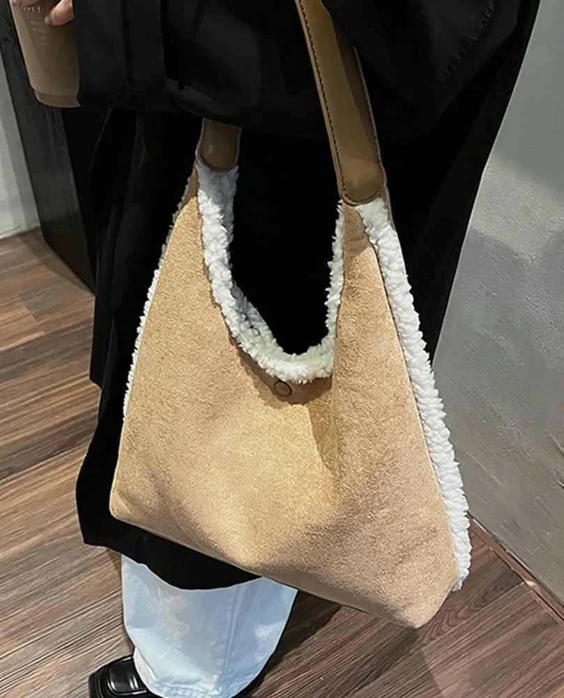 Women's Slouchy Suede Bag Tote Bag Trendy Faux Sherpa Lined Shoulder Handbag Top Handle Bag Fashion Winter Purse