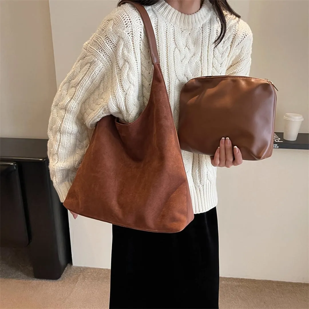 Women's Suede Tote Bag Retro Slouchy Bags Large Shoulder Tote Bag Suede Hobo Shoulder Bag for Travel College Work
