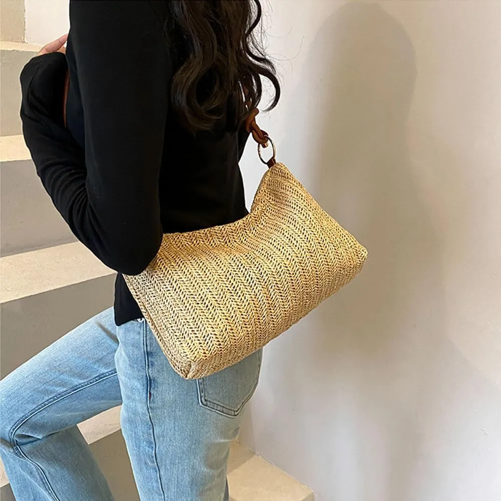 Women's Woven Beach Shoulder Handbag Colorful Straw Tote Bag Summer Vacation Crossbody Bag