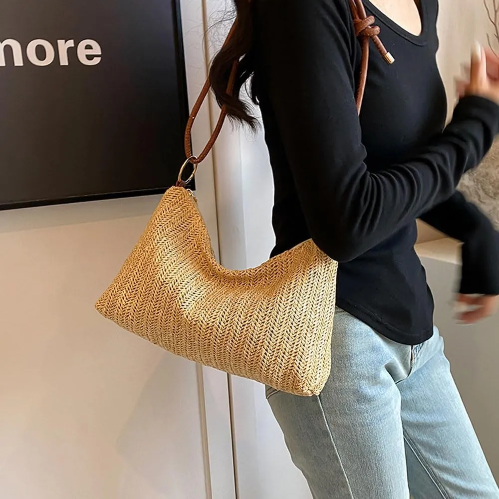 Women's Woven Beach Shoulder Handbag Colorful Straw Tote Bag Summer Vacation Crossbody Bag