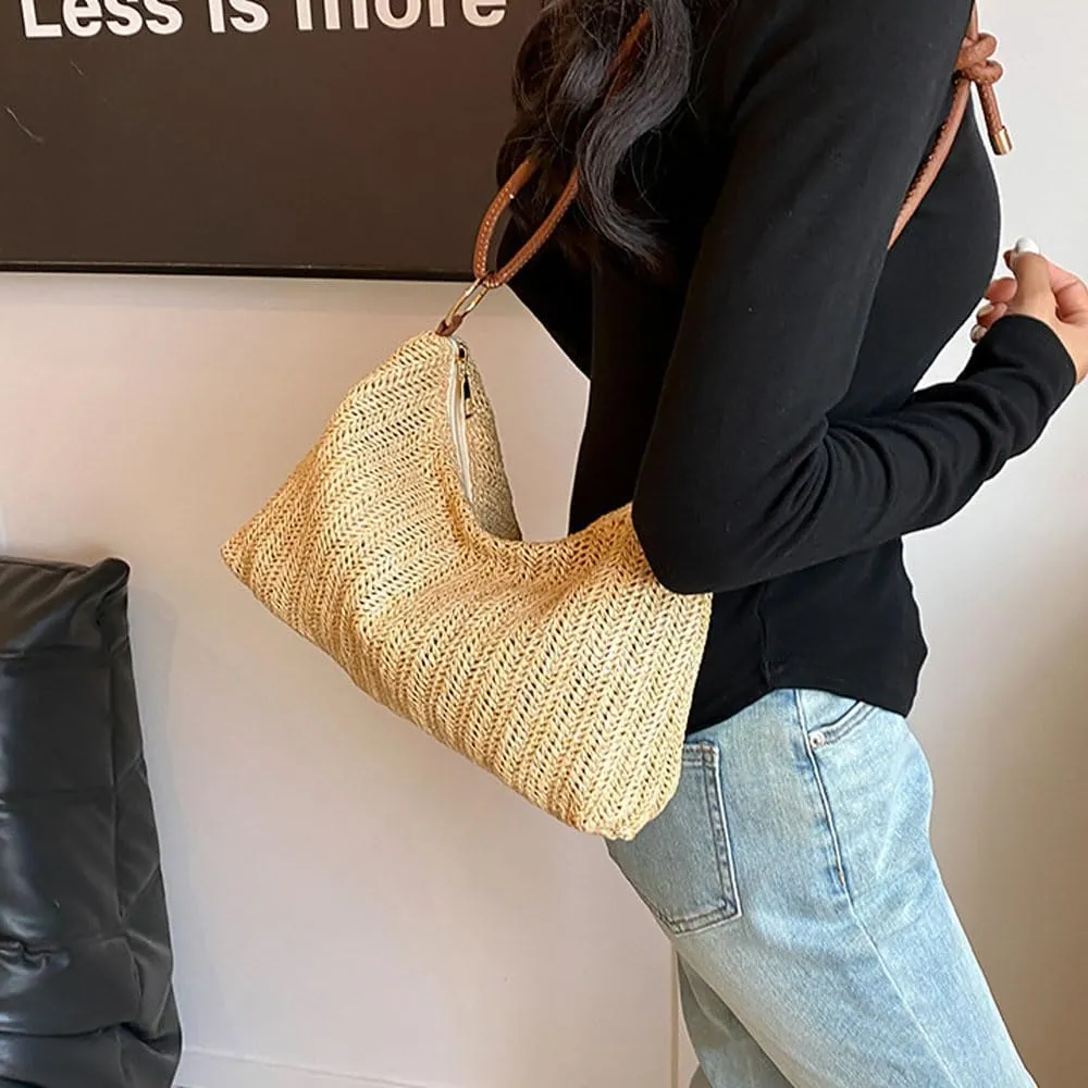 Women's Woven Beach Shoulder Handbag Colorful Straw Tote Bag Summer Vacation Crossbody Bag