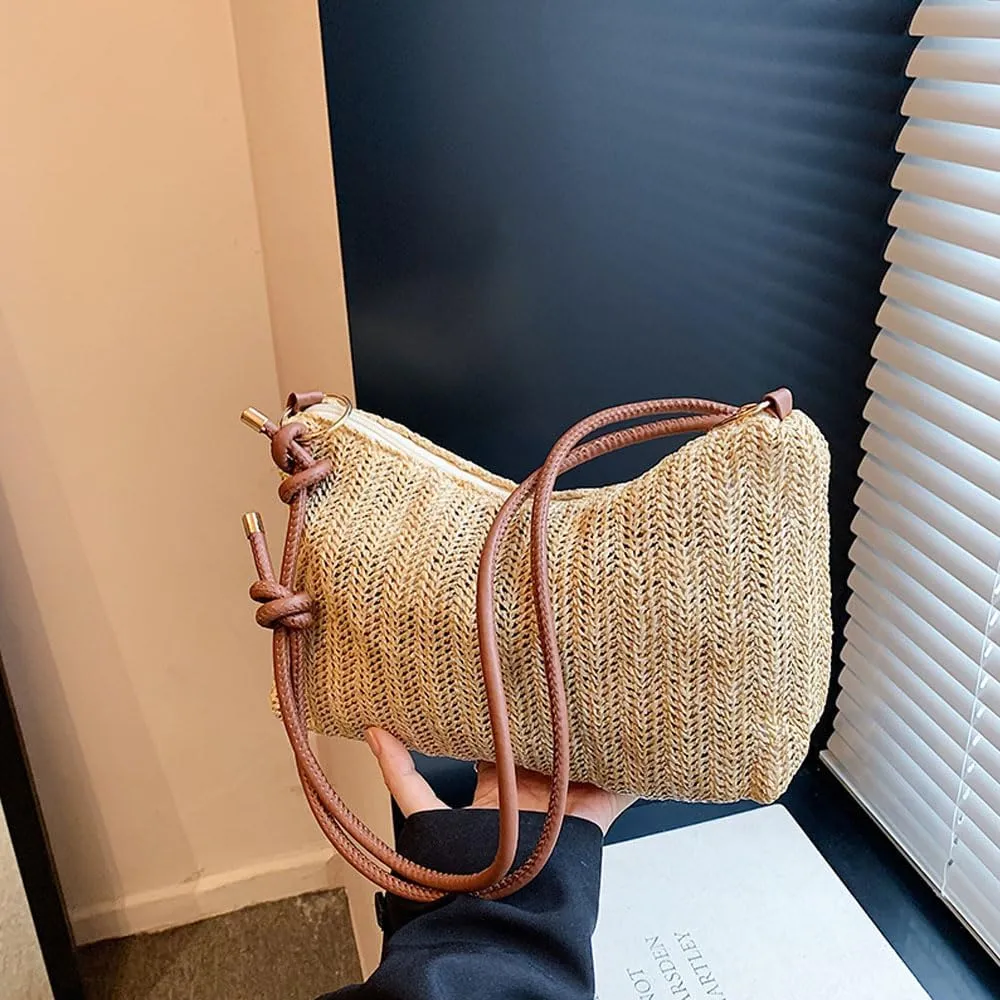 Women's Woven Beach Shoulder Handbag Colorful Straw Tote Bag Summer Vacation Crossbody Bag