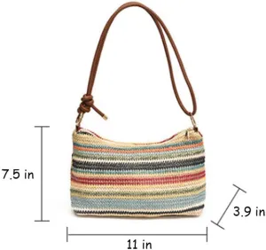 Women's Woven Beach Shoulder Handbag Colorful Straw Tote Bag Summer Vacation Crossbody Bag