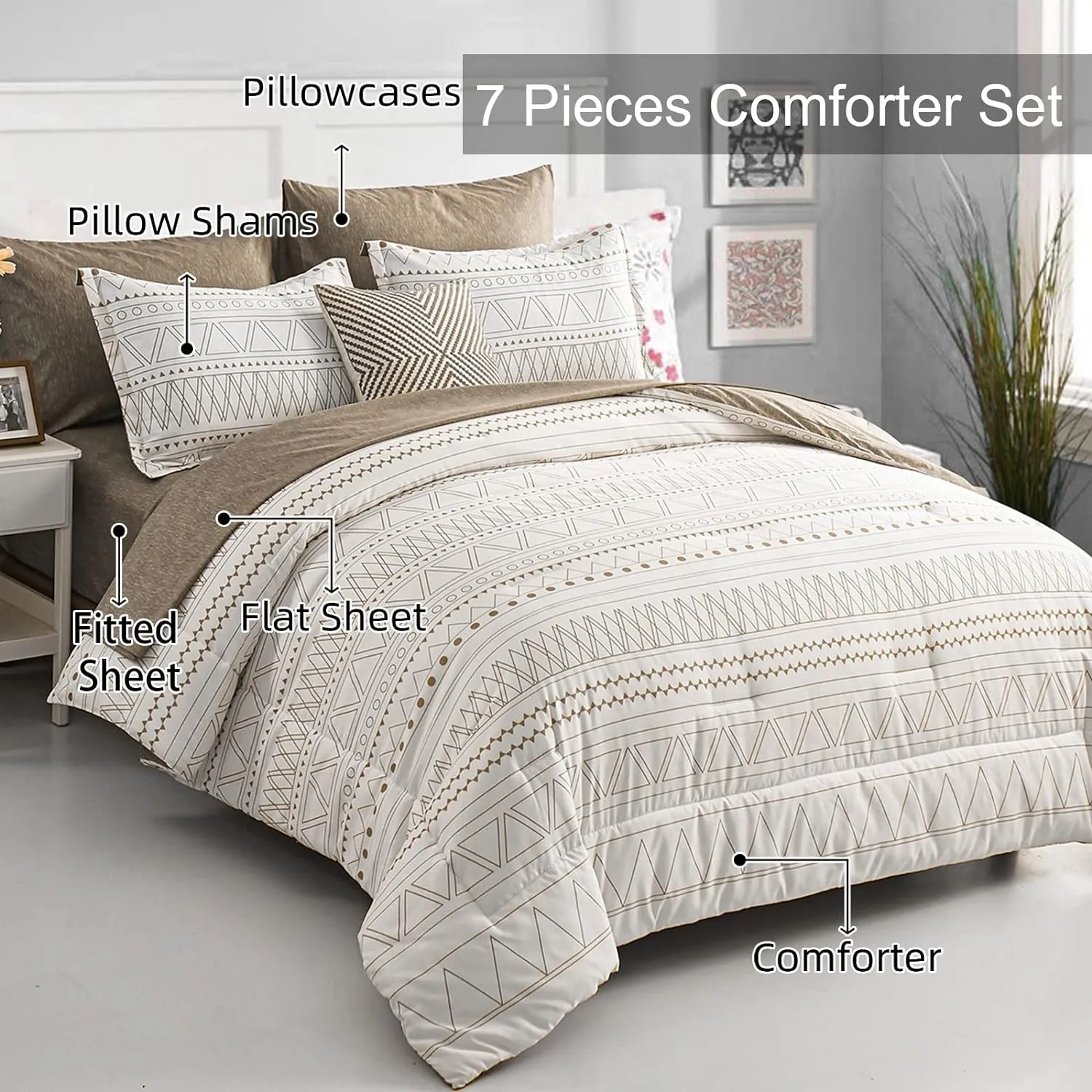 WONGS BEDDING 7 Pieces Khaki Comforter Set Boho Bed in a Bag King Size,Geometric Striped Comforter Reversible Soft Microfiber Bedding Set with Pillowcases,Flat Sheet,Fitted Sheet,Pillow Shams