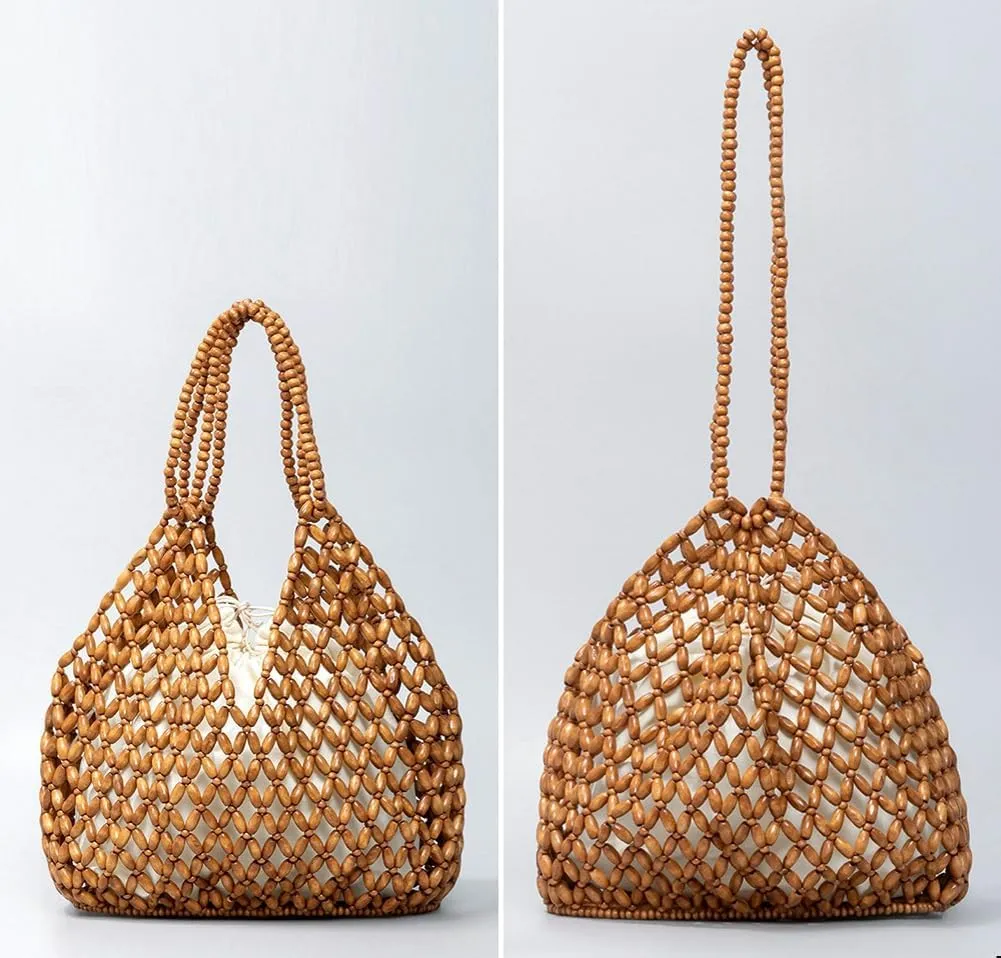 Wooden Bead Purses for Women Beaded Hobo Shoulder Bag Straw Purse Chic Hollow-out Handbag for Beach Summer Travel 2025