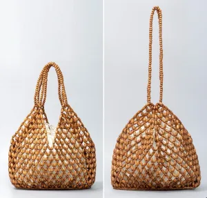 Wooden Bead Purses for Women Beaded Hobo Shoulder Bag Straw Purse Chic Hollow-out Handbag for Beach Summer Travel 2025