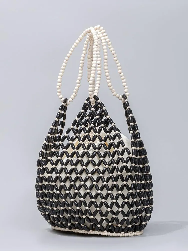 Wooden Bead Purses for Women Beaded Hobo Shoulder Bag Straw Purse Chic Hollow-out Handbag for Beach Summer Travel 2025