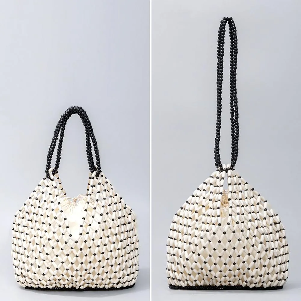 Wooden Bead Purses for Women Beaded Hobo Shoulder Bag Straw Purse Chic Hollow-out Handbag for Beach Summer Travel 2025