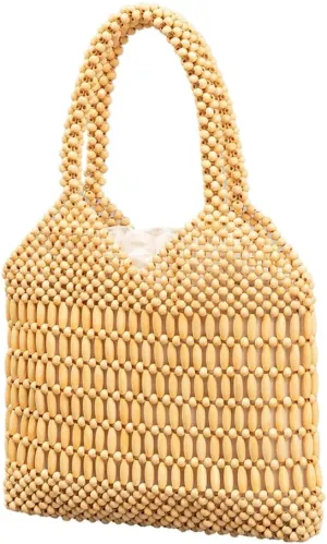 Wooden Bead Purses for Women Beaded Small Tote Purse Straw Purse Chic Hollow-out Handbag for Beach Summer Travel 2025