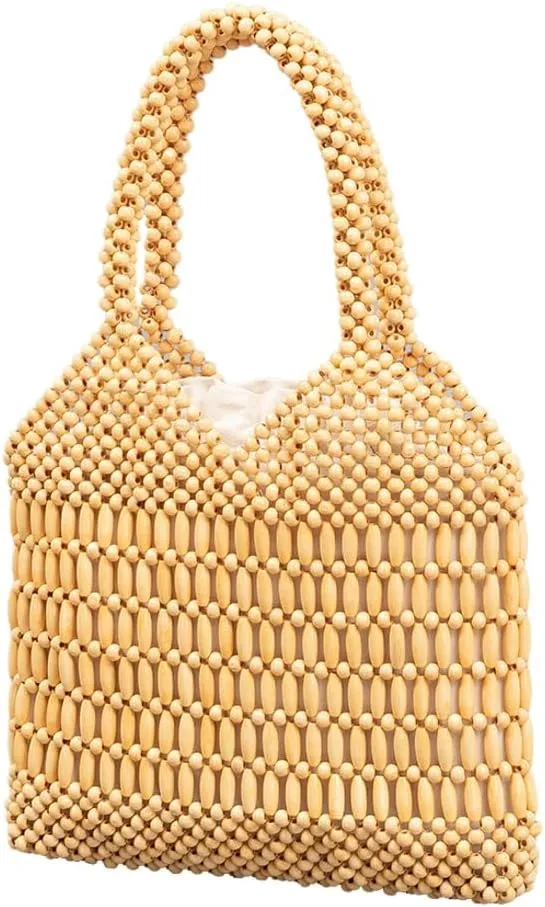 Wooden Bead Purses for Women Beaded Small Tote Purse Straw Purse Chic Hollow-out Handbag for Beach Summer Travel 2025