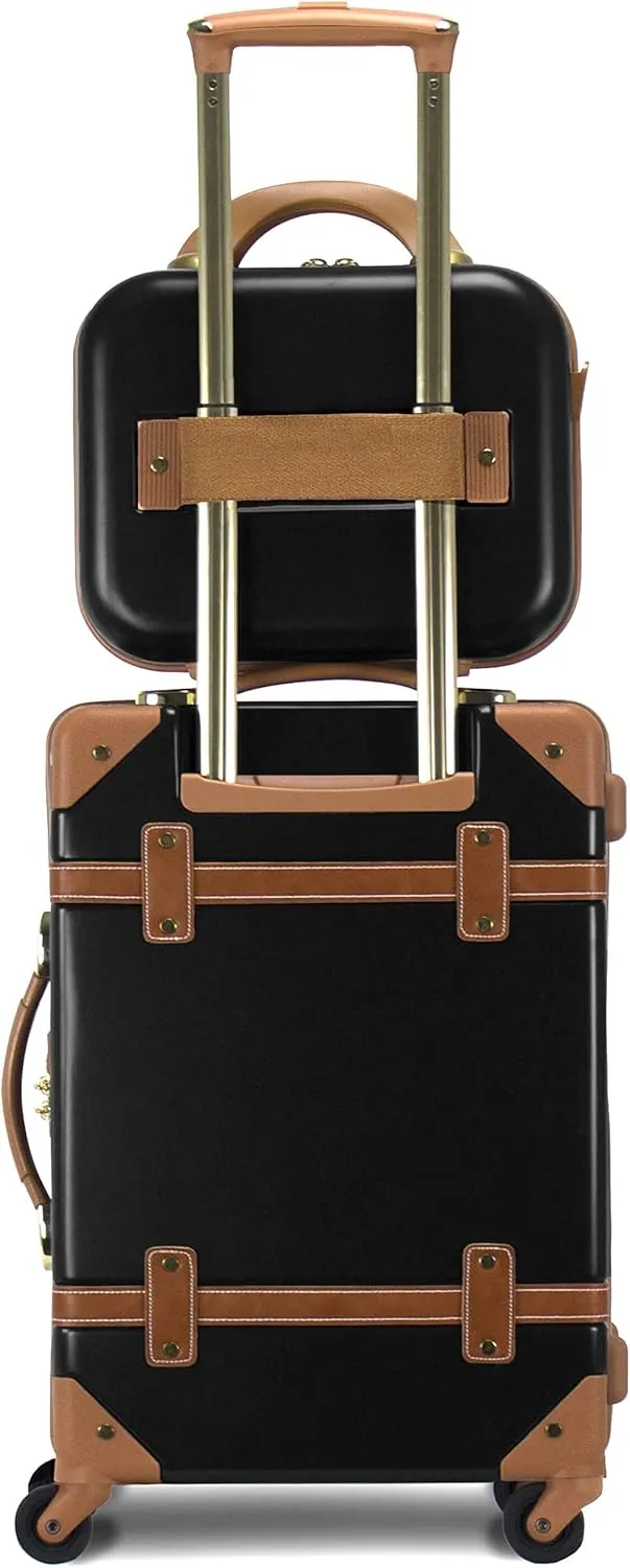 World Traveler Gatsby Vintage Style Hardside Carry-On Retro Train Case Spinner Luggage, Black, 2-Piece Set (Tote/20-Inch)