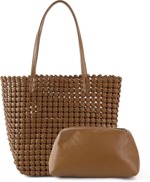 Woven Bag for Women Vegan Leather Tote Bag Large Summer Beach Travel Handbag and Clutch Retro Handmade Shoulder Bag