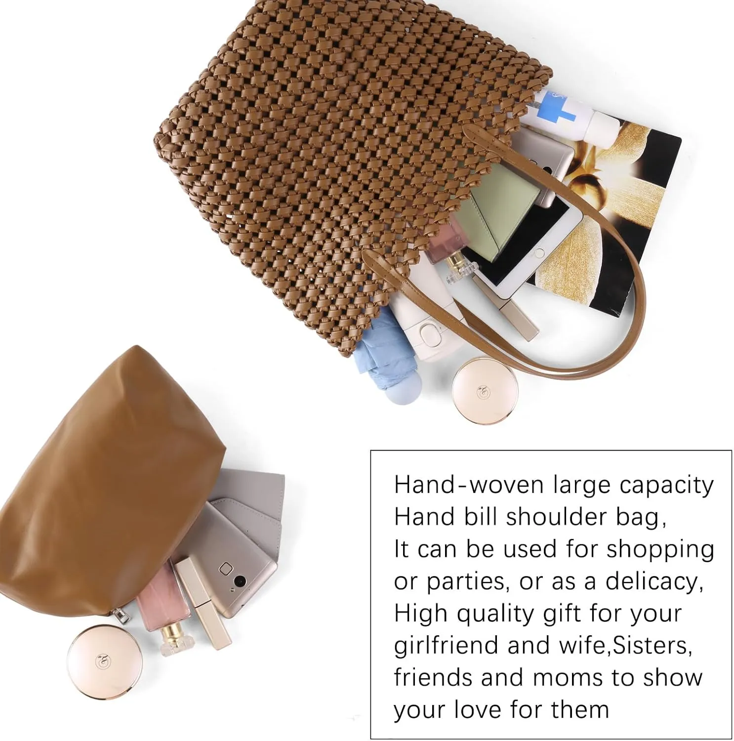 Woven Bag for Women Vegan Leather Tote Bag Large Summer Beach Travel Handbag and Clutch Retro Handmade Shoulder Bag
