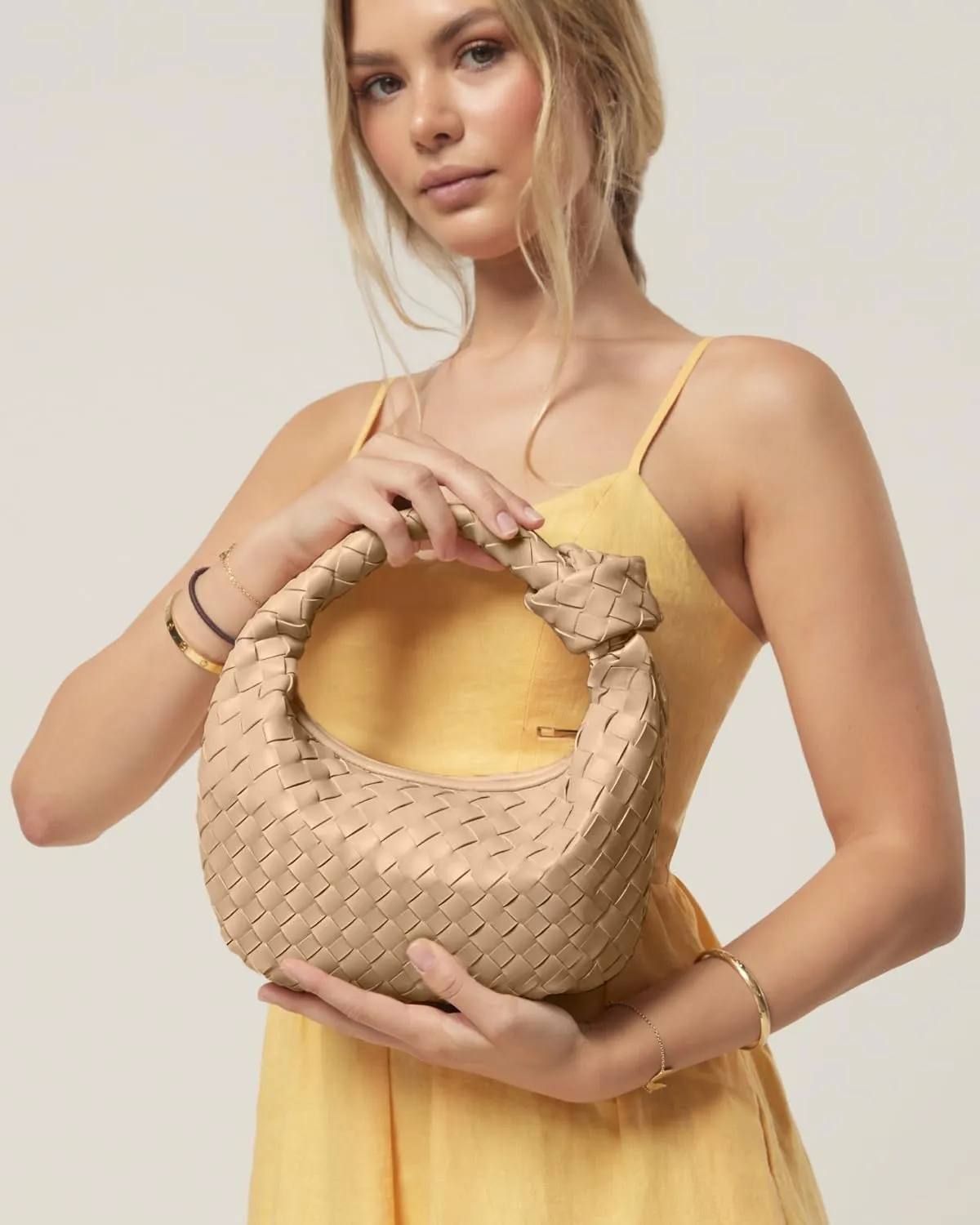 Woven Bag for Women - Woven Purses - Small Hobo Bags - Fashion Knotted Top Handle Handbags Clutch - Soft Vegan Leather