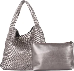 Woven Bag for Women, Woven Tote Bag Soft Vegan Leather Hobo Bag Purse and Handbag Retro Hand-woven with Clutch Pouch