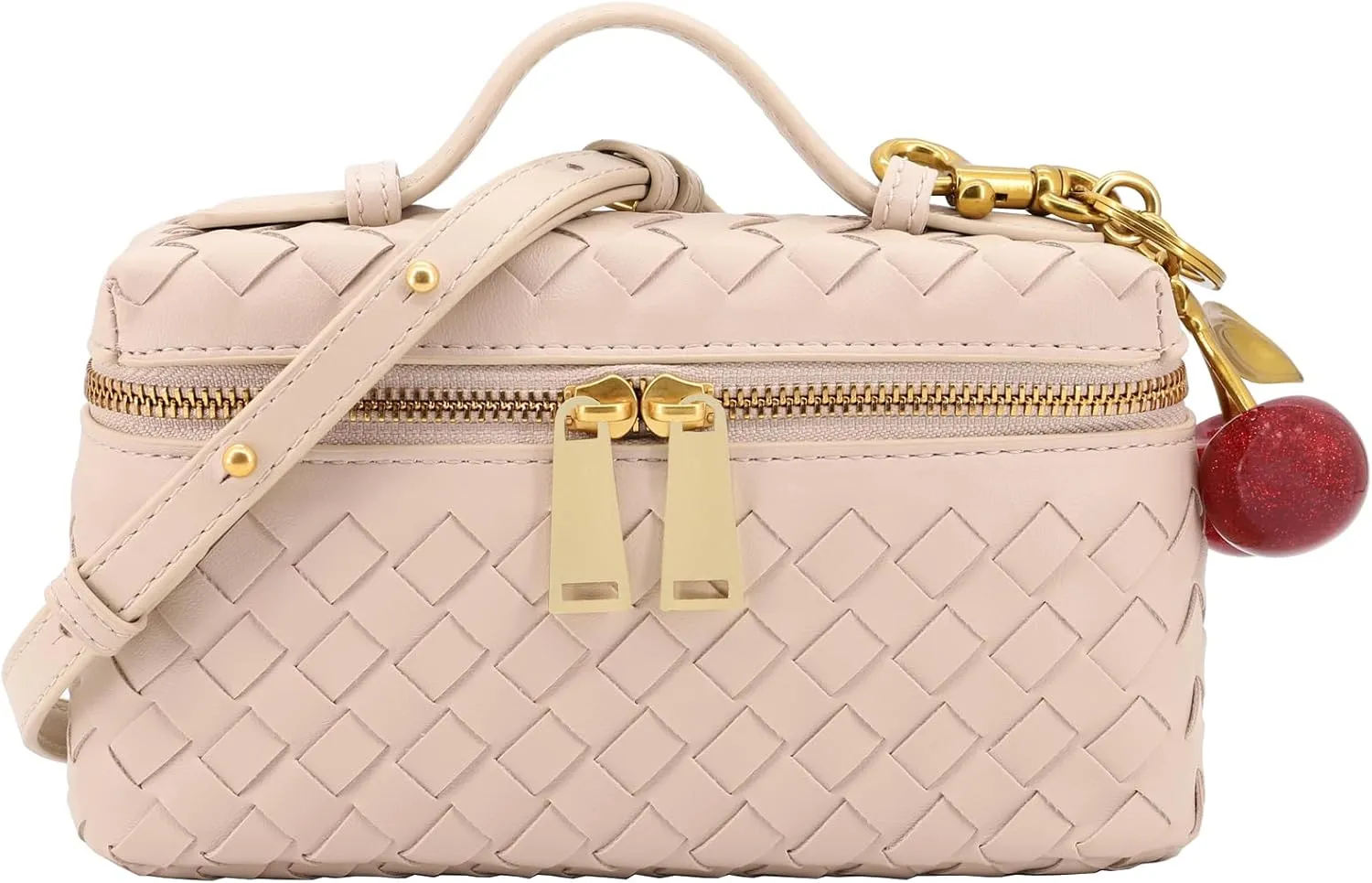Woven Crossbody Bags for Women Trendy Clutch Purse Bag Small Top Handle Leather Handbag with Cherry Charm