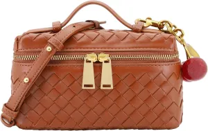 Woven Crossbody Bags for Women Trendy Clutch Purse Bag Small Top Handle Leather Handbag with Cherry Charm