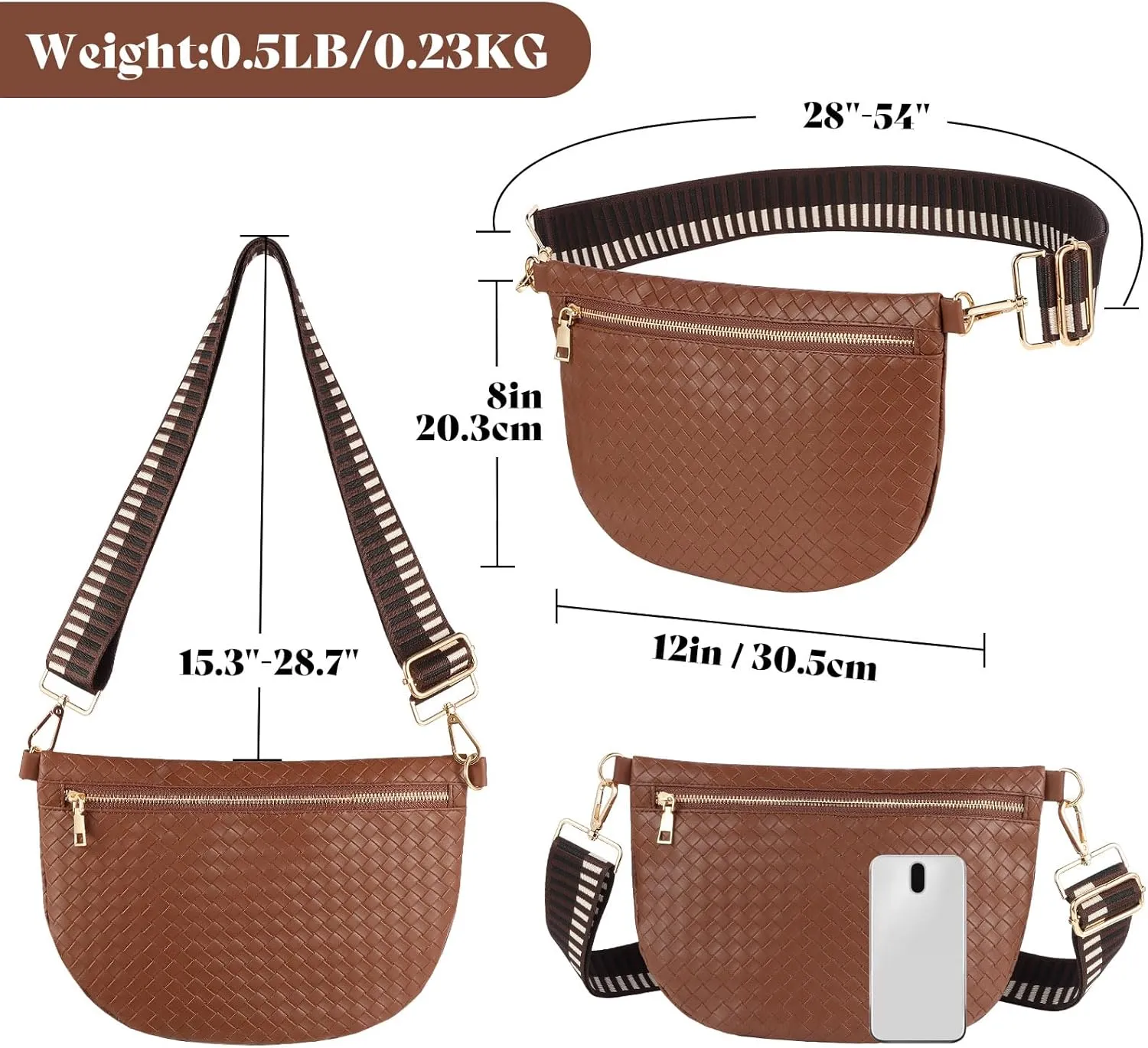 Woven Fanny Packs Sling Bag Leather Bum Belt Crossbody Waist Pack Chest Purse Shoulder Bag for Women