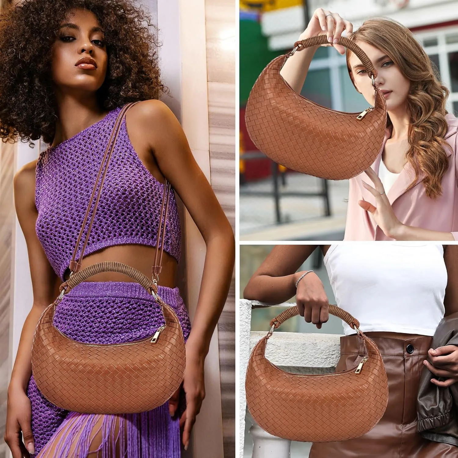 Woven Purse for Women,Small Woven Texture Hobo Dumpling Bag,Trendys Vegan Leather Handbag,Holiday Shoulder Bag Gift
