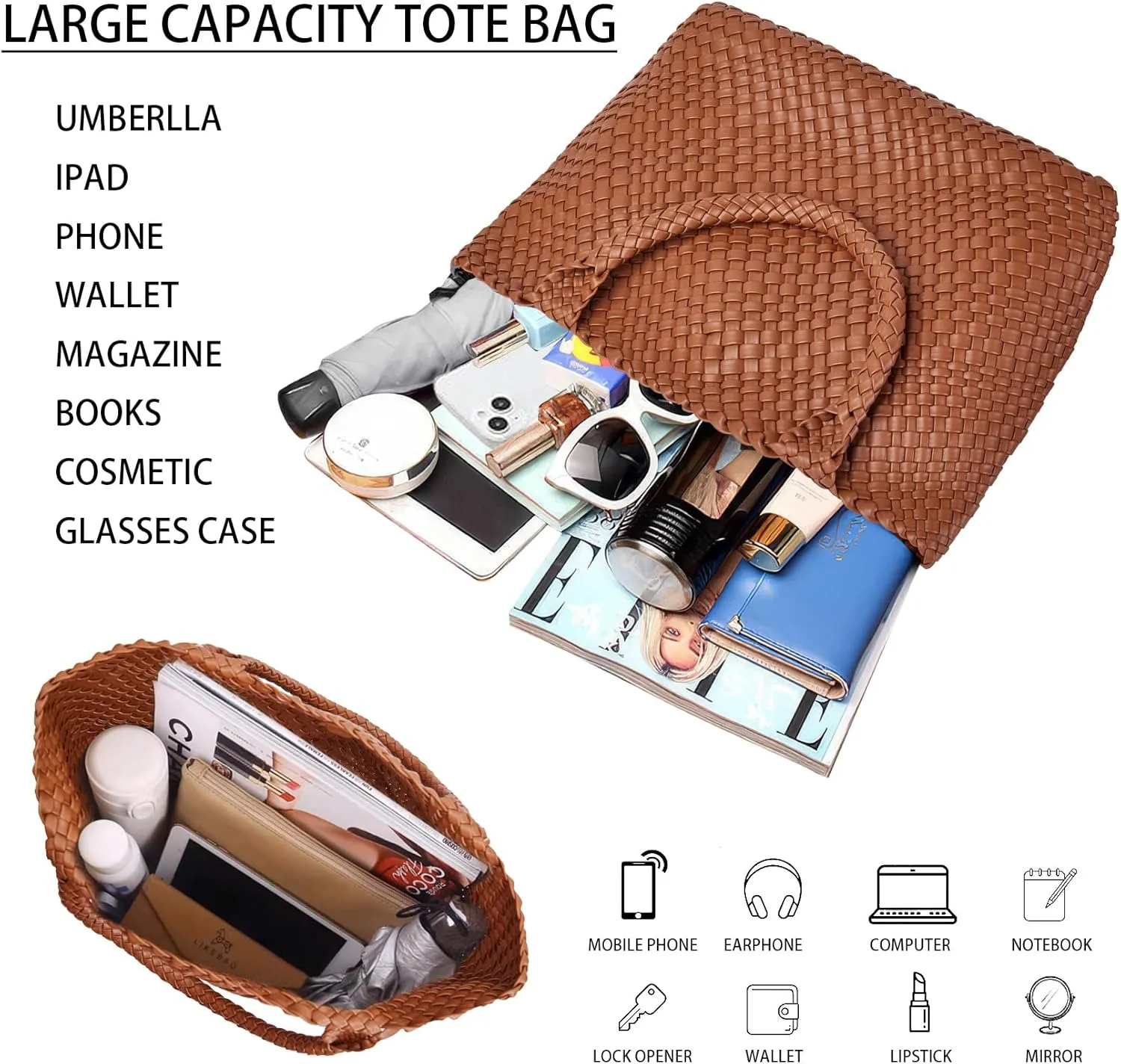 Woven Shoulder Bag for Women, Fashion Top Handle Soft Vegan Leather Shopper