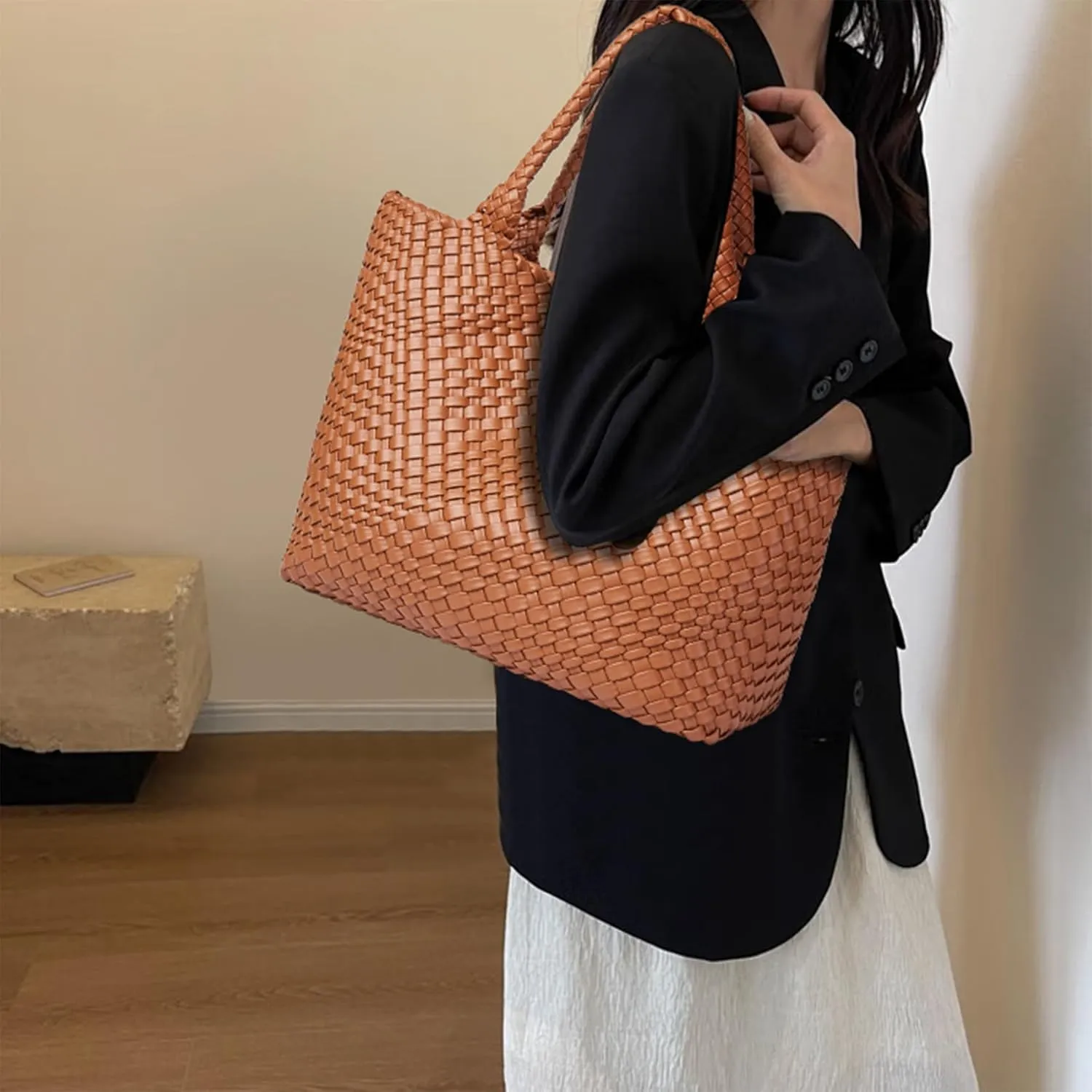 Woven Shoulder Bag for Women, Fashion Top Handle Soft Vegan Leather Shopper