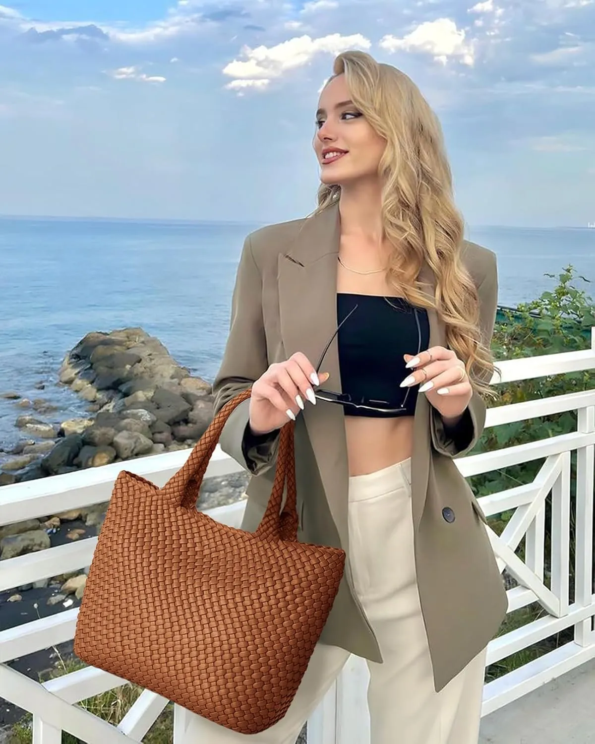 Woven Tote Bag for Women, Fashion Woven Bags for Women Vegan Leather Shoulder Handbags Large Summer Beach Travel Bag