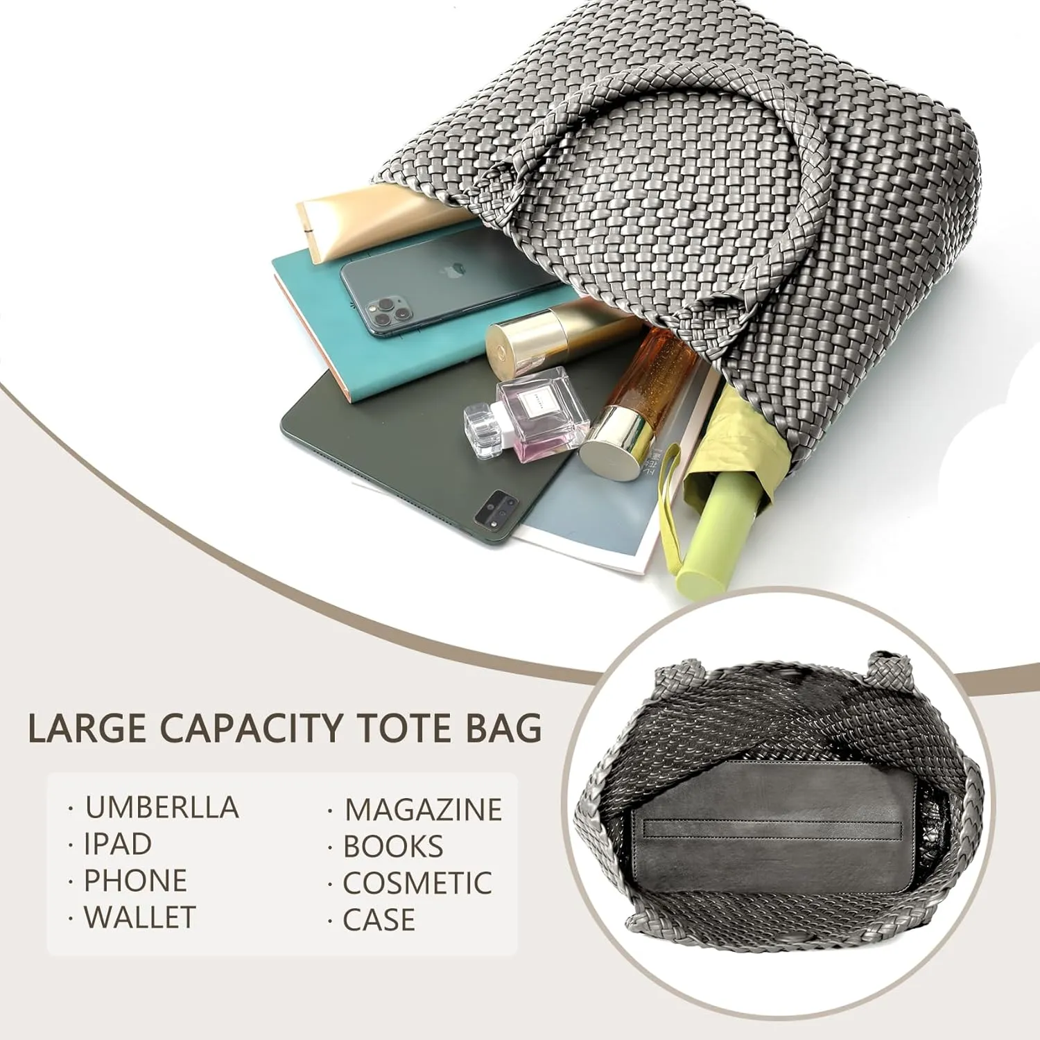 Woven Tote Bag for Women, Fashion Woven Bags for Women Vegan Leather Shoulder Handbags Large Summer Beach Travel Bag