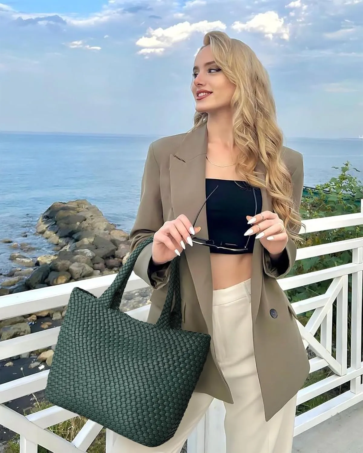 Woven Tote Bag for Women, Fashion Woven Bags for Women Vegan Leather Shoulder Handbags Large Summer Beach Travel Bag