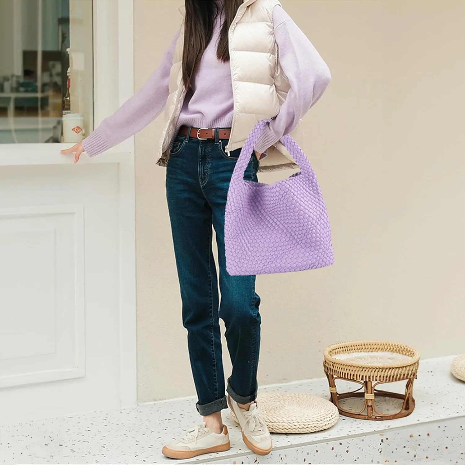 Woven Tote Bag for Women Vegan Leather Hobo Bags, Top-handle Handmade Purse