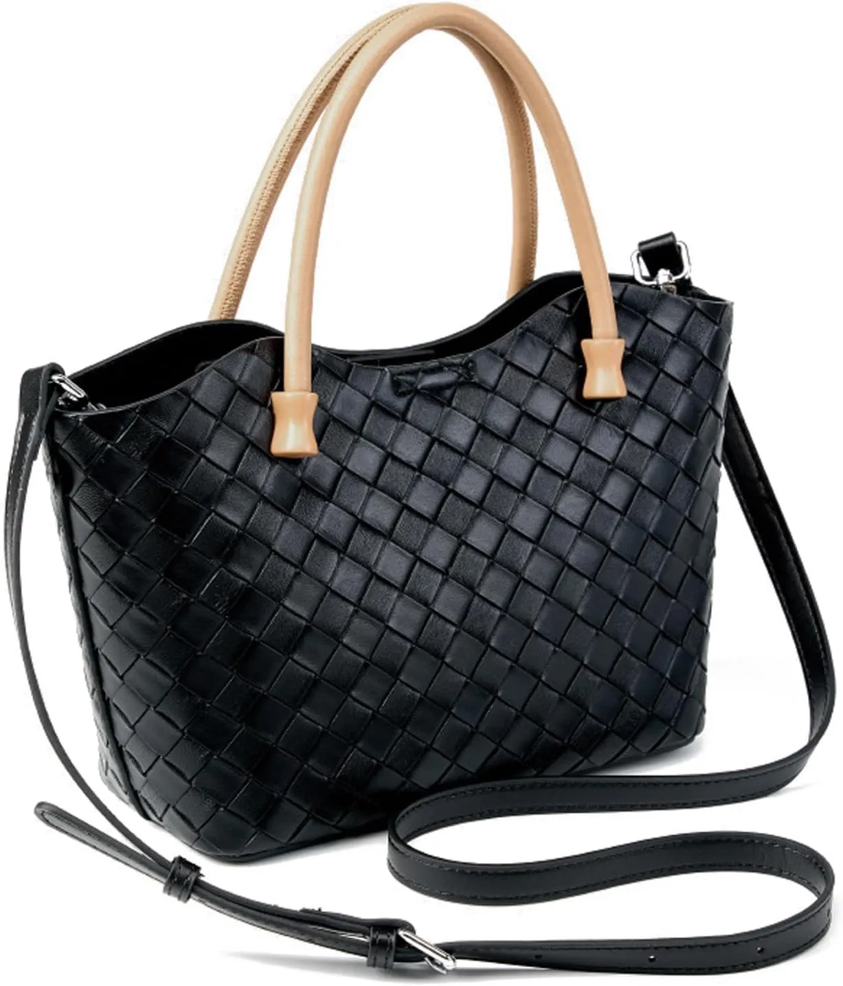 Woven Tote Bag for Women with Zipper, Small Genuine Leather Purse Handbags, Top-handle Satchel Shoulder Bags