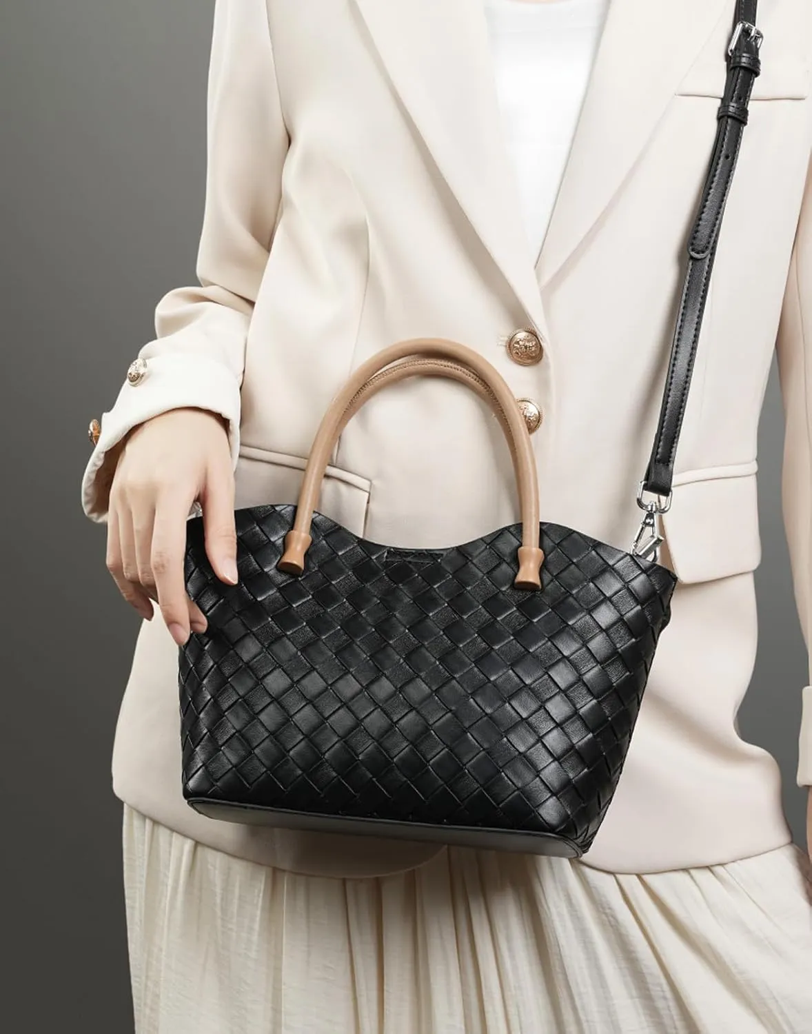 Woven Tote Bag for Women with Zipper, Small Genuine Leather Purse Handbags, Top-handle Satchel Shoulder Bags