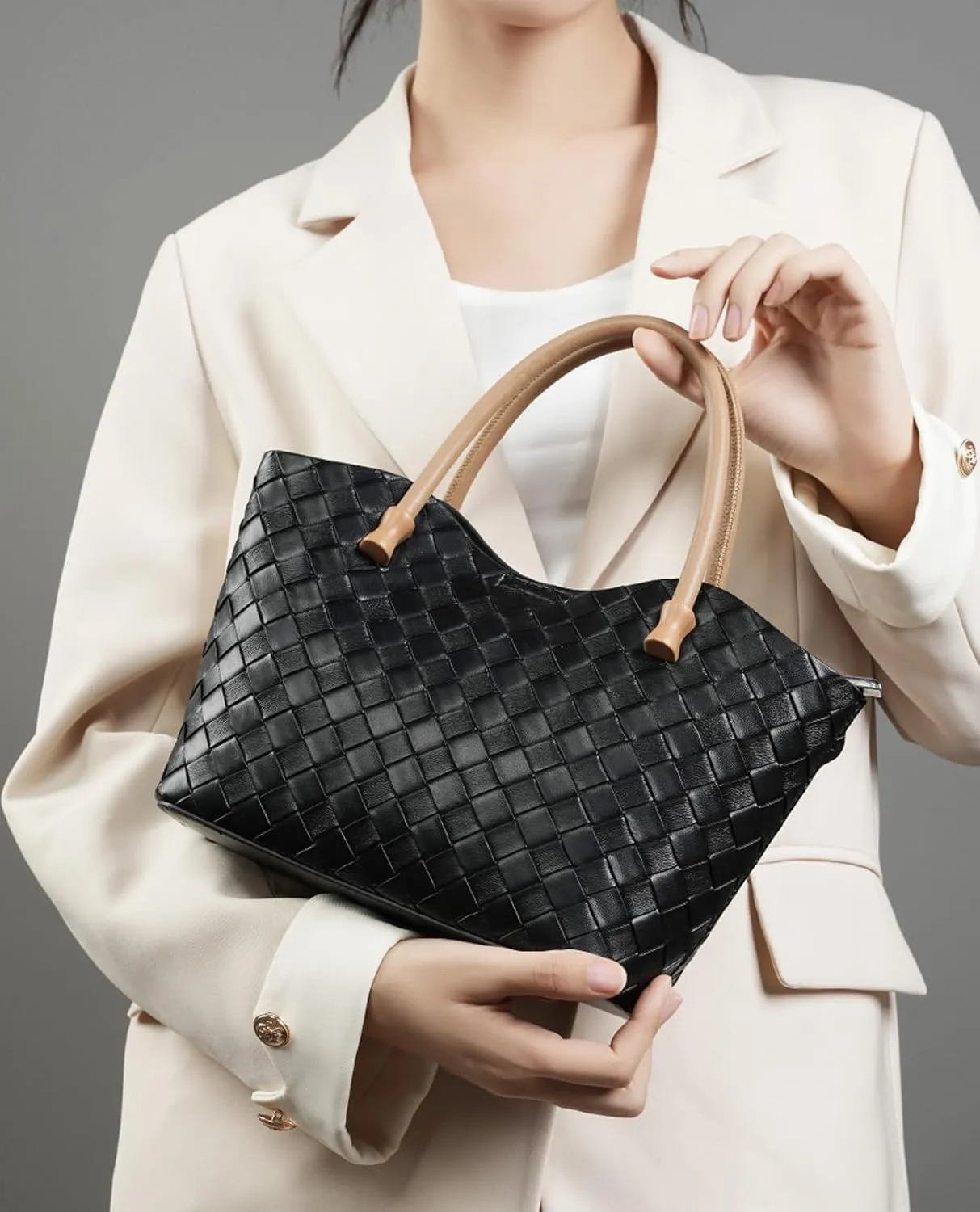 Woven Tote Bag for Women with Zipper, Small Genuine Leather Purse Handbags, Top-handle Satchel Shoulder Bags
