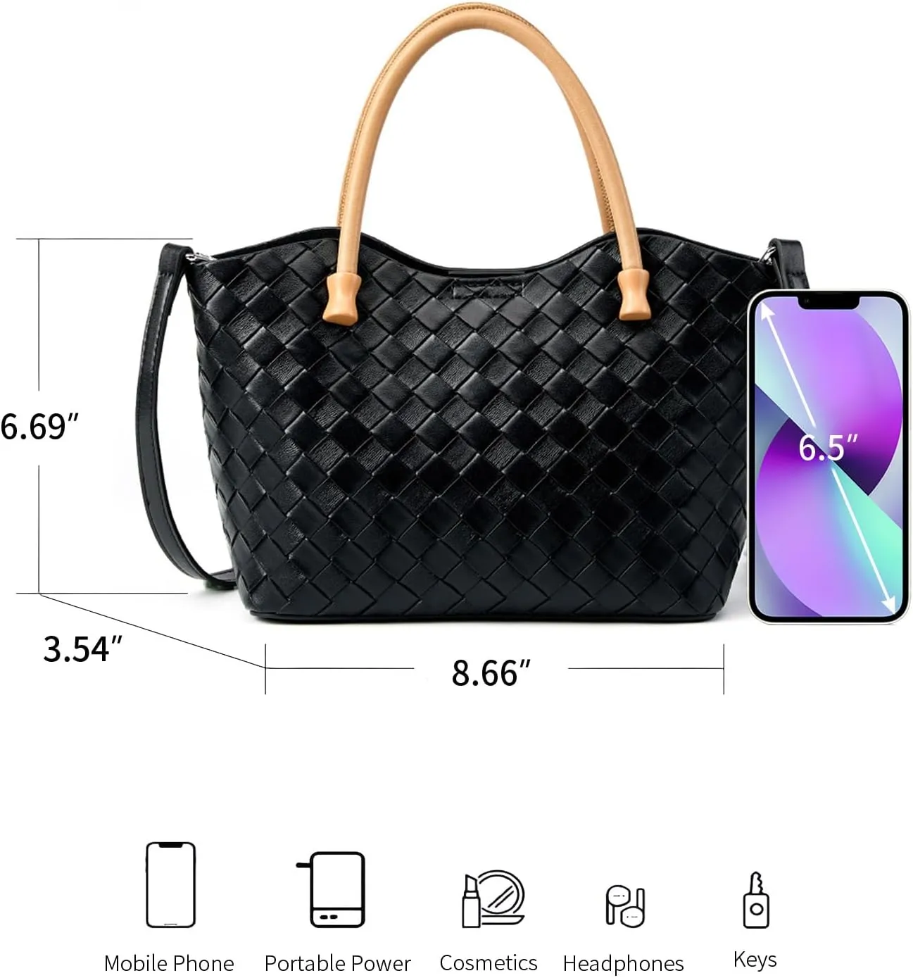 Woven Tote Bag for Women with Zipper, Small Genuine Leather Purse Handbags, Top-handle Satchel Shoulder Bags