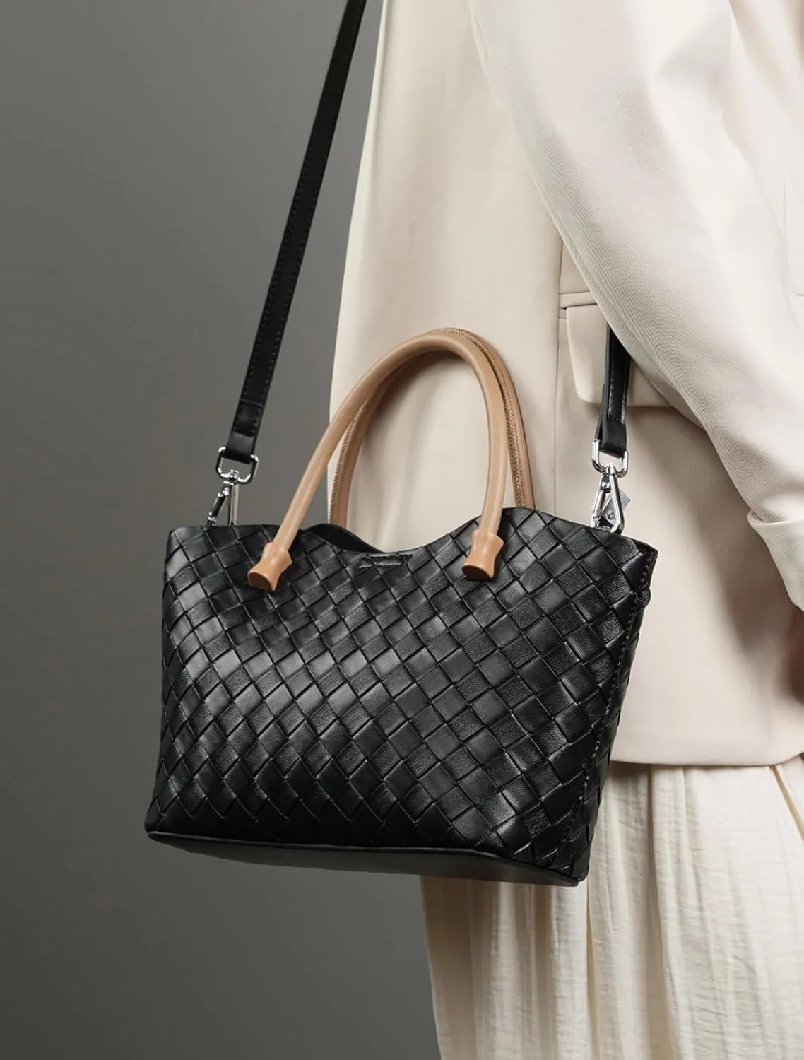 Woven Tote Bag for Women with Zipper, Small Genuine Leather Purse Handbags, Top-handle Satchel Shoulder Bags