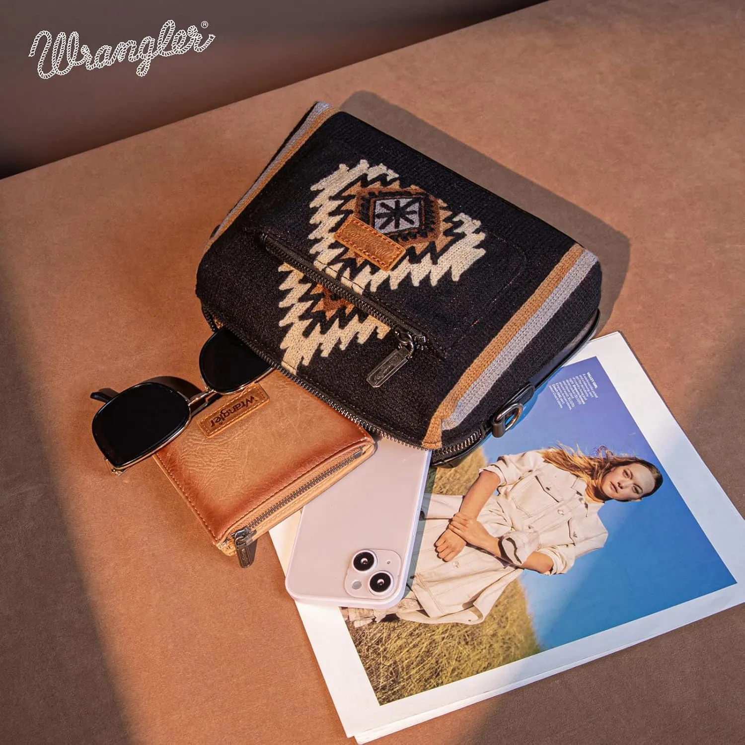 Wrangler Western Aztec Small Crossbody Bags for Women Multi Pocket Over Shoulder Crossbody Purse with Guitar Strap