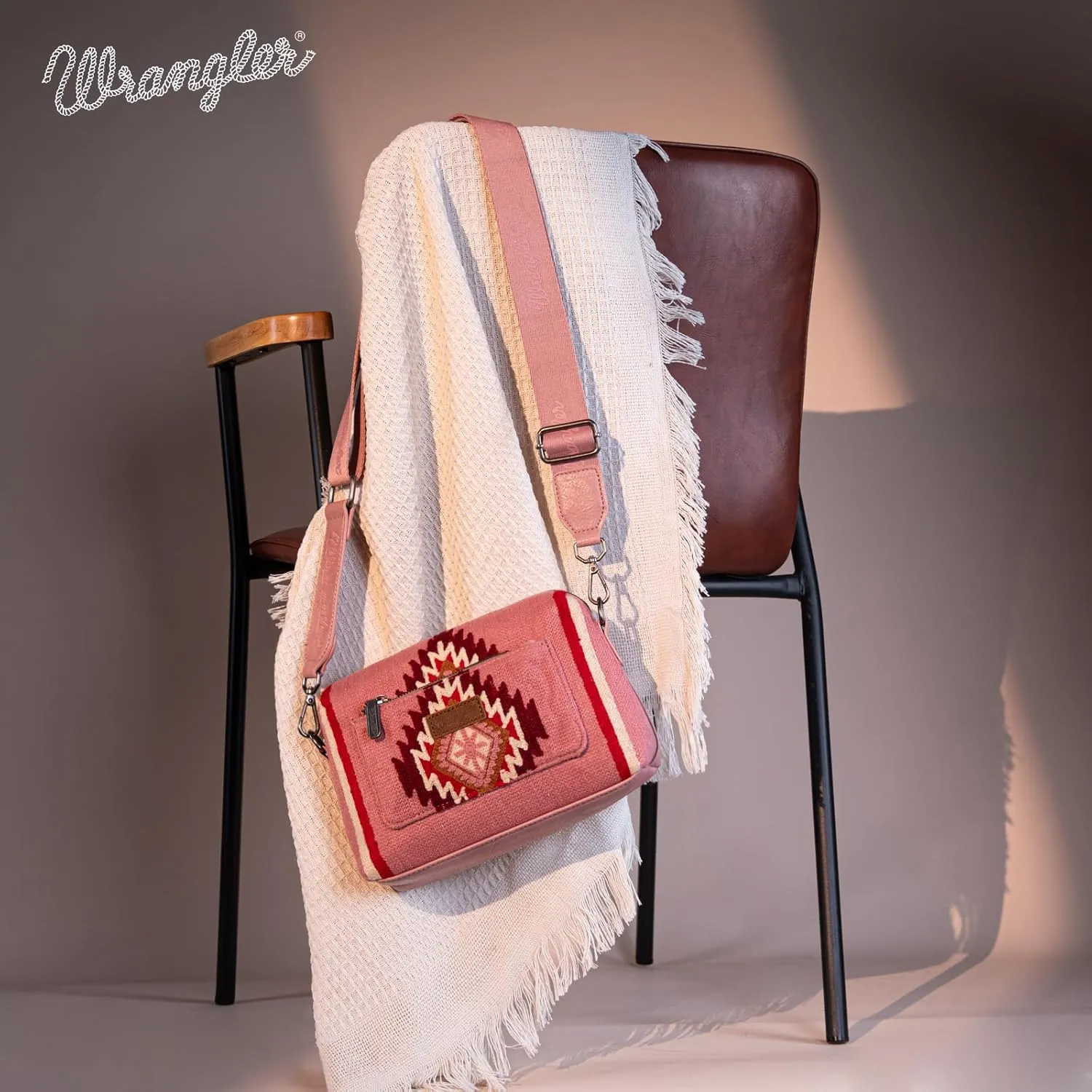 Wrangler Western Aztec Small Crossbody Bags for Women Multi Pocket Over Shoulder Crossbody Purse with Guitar Strap
