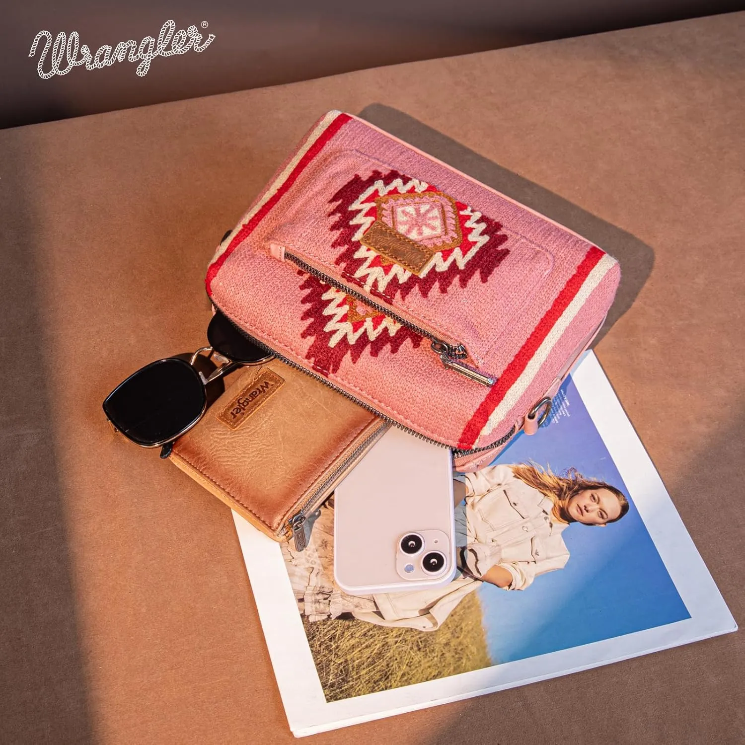 Wrangler Western Aztec Small Crossbody Bags for Women Multi Pocket Over Shoulder Crossbody Purse with Guitar Strap
