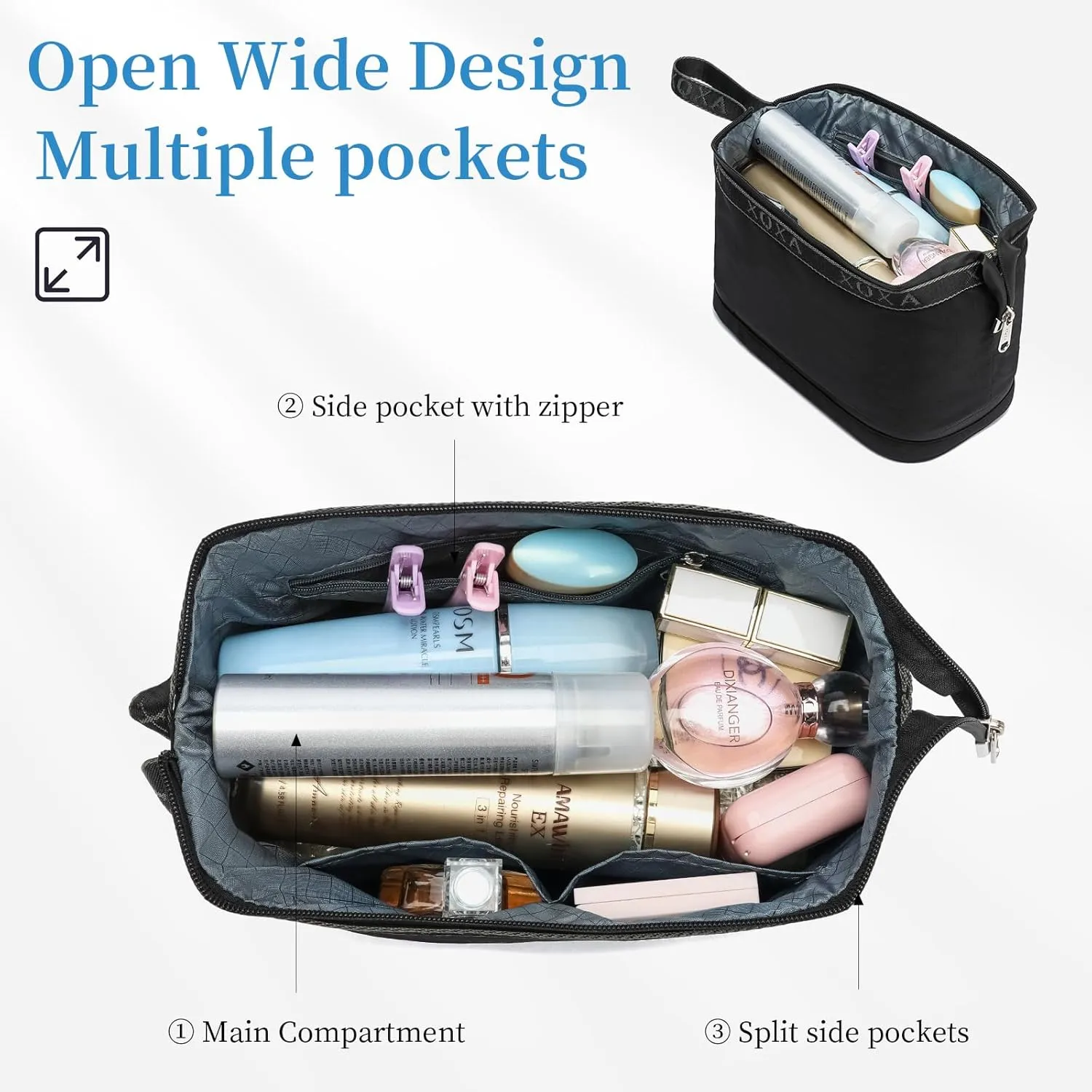 XQXA Travel Toiletry Bag for Women, Hanging Dopp Kit Water Resistant Makeup Bag for Men, Mens Travel Bag Shaving Bag for Toiletries Accessories (05-Black)